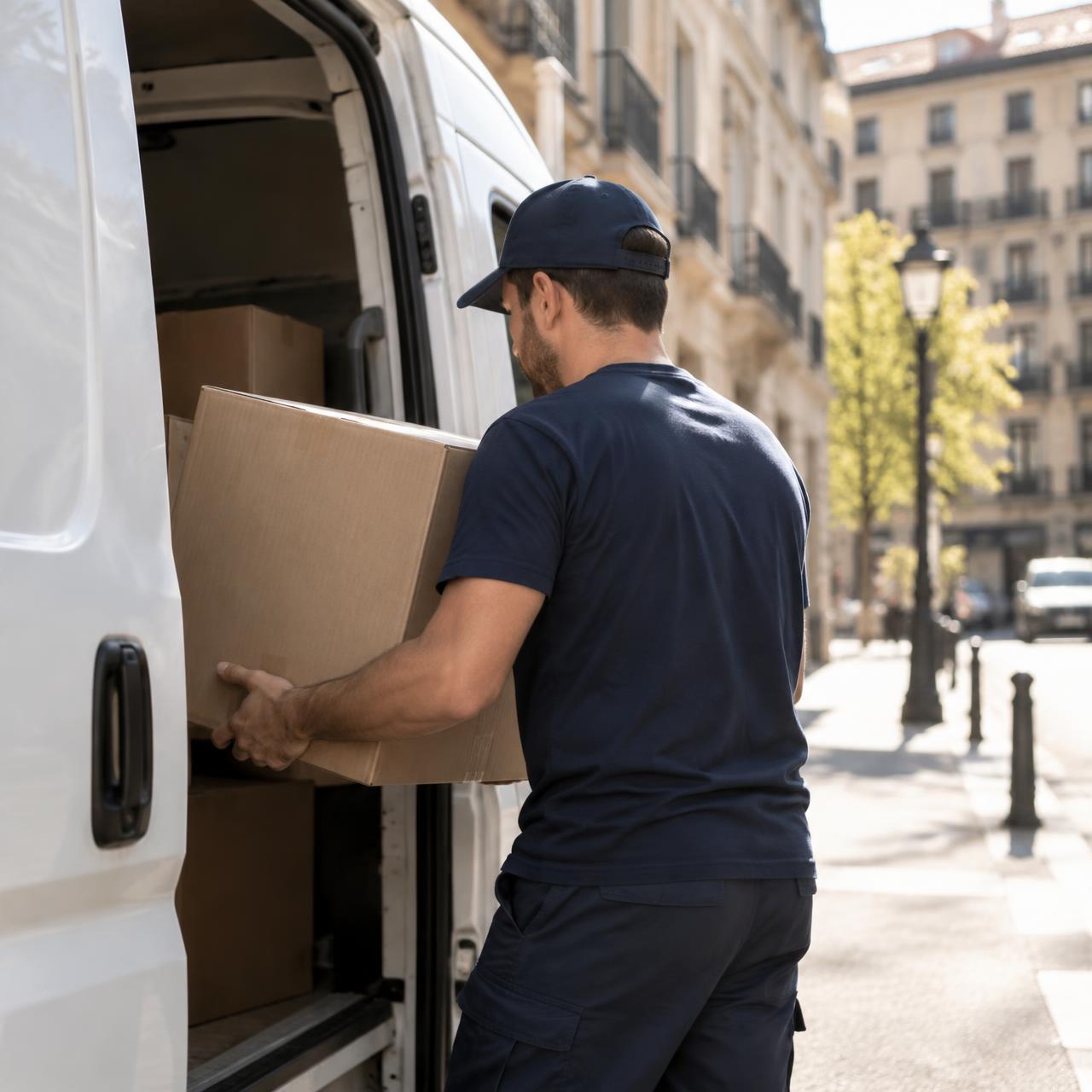 Transportista descargando cajas de su furgoneta en una calle de Madrid